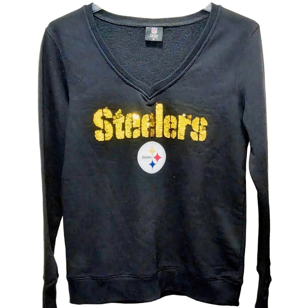 NFL Pittsburg STEELERS Black Long-Sleeve V-neck Sequined Sweatshirt Women M